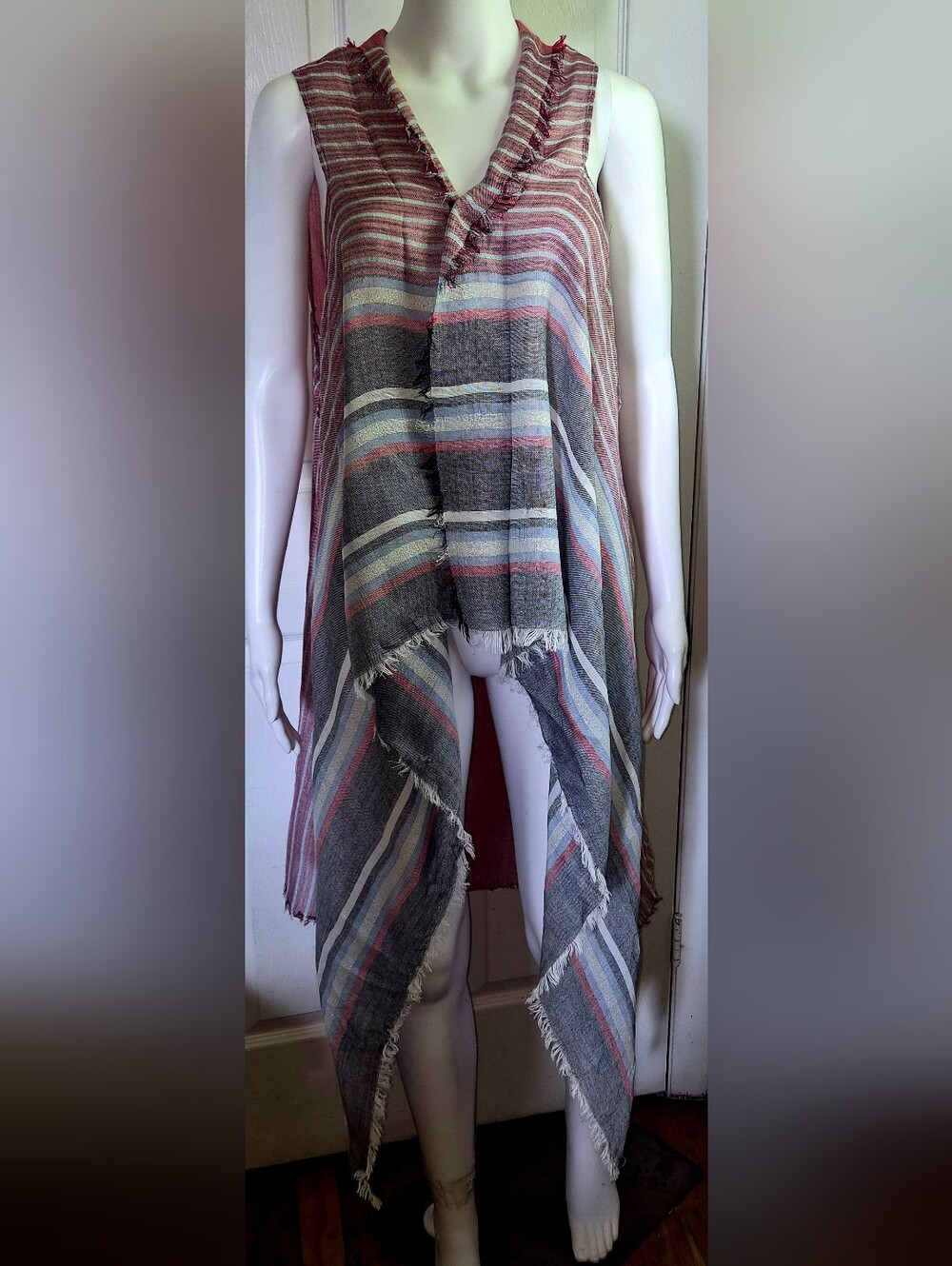 Lane Bryant Striped Sleeveless Duster Vest Fringe Waterfall Poncho Wrap